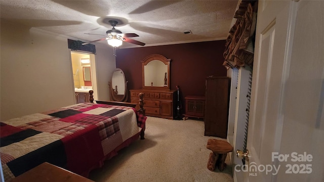 carpeted bedroom with crown molding, a ceiling fan, and a textured ceiling
