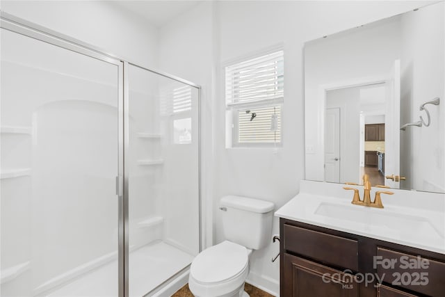 full bathroom featuring a shower stall, toilet, and vanity