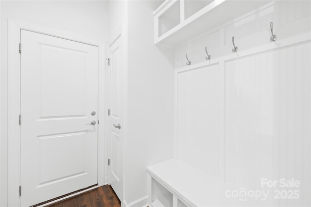 mudroom featuring dark wood-type flooring