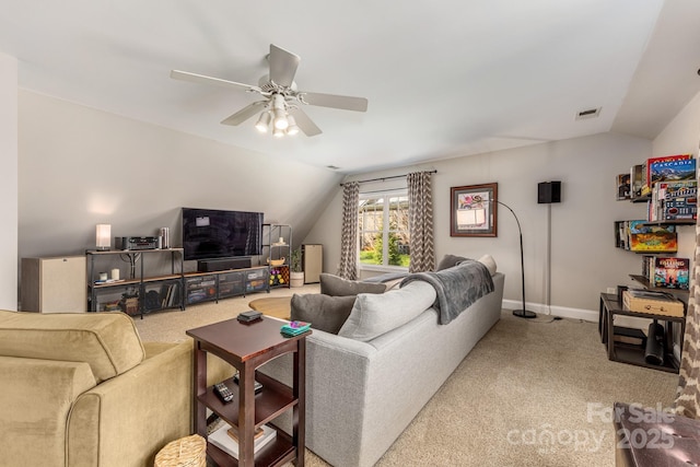 7025 Ridgeway Rd, Stanley, NC 28164 - carpeted living room with lofted ceiling and a ceiling fan