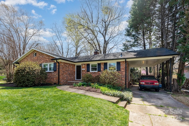 1041 Cutler Pl, Charlotte, NC 28212 - single story home featuring a chimney, concrete driveway, a front yard, an attached carport, and brick siding