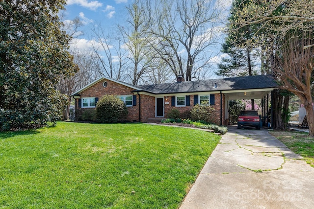 1041 Cutler Pl, Charlotte, NC 28212 - ranch-style home featuring driveway, a front lawn, brick siding, an attached carport, and a chimney