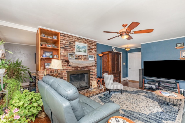 1041 Cutler Pl, Charlotte, NC 28212 - living room with a ceiling fan, a fireplace, wood finished floors, baseboards, and ornamental molding