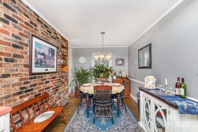 1041 Cutler Pl, Charlotte, NC 28212 - dining space featuring ornamental molding, wood finished floors, a chandelier, and brick wall