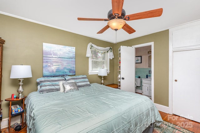 1041 Cutler Pl, Charlotte, NC 28212 - bedroom featuring ceiling fan, wood finished floors, connected bathroom, and crown molding