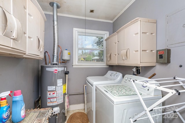 1041 Cutler Pl, Charlotte, NC 28212 - laundry room with washer and clothes dryer, cabinet space, ornamental molding, and gas water heater