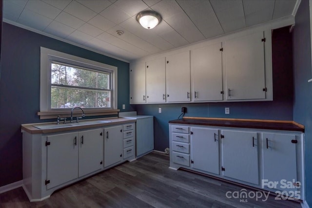 kitchen featuring dark wood-type flooring, white cabinets, ornamental molding, and a sink