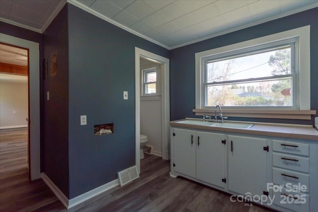 kitchen featuring visible vents, dark wood-type flooring, ornamental molding, a sink, and white cabinets