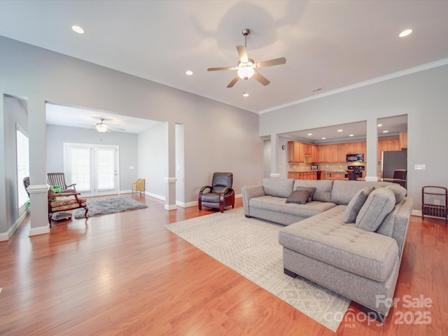 4118 Compostela Ct, Monroe, NC 28110 - living room with baseboards, light wood-style flooring, ceiling fan, and recessed lighting