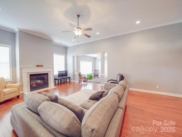 4118 Compostela Ct, Monroe, NC 28110 - living area featuring baseboards, ceiling fan, crown molding, and light wood finished floors