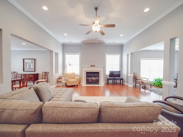 4118 Compostela Ct, Monroe, NC 28110 - living area featuring ornamental molding, recessed lighting, light wood-style floors, and ceiling fan