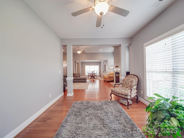4118 Compostela Ct, Monroe, NC 28110 - living area with baseboards, light wood finished floors, and ornate columns