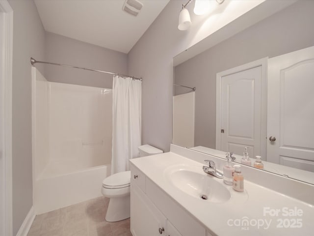 4118 Compostela Ct, Monroe, NC 28110 - full bathroom featuring shower / bathtub combination with curtain, toilet, tile patterned floors, and vanity