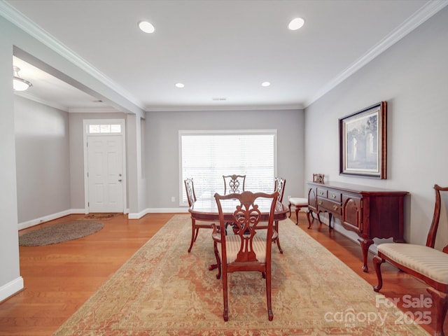 4118 Compostela Ct, Monroe, NC 28110 - dining space with baseboards, recessed lighting, crown molding, and light wood finished floors