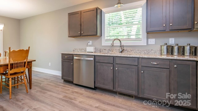 28 Arnie Dr, Etowah, NC 28729 - kitchen featuring a sink, light stone counters, light wood-style floors, baseboards, and dishwasher