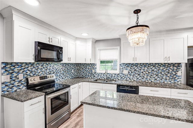 6628 Cool Water Ct, Charlotte, NC 28215 - kitchen with black appliances, a sink, a chandelier, white cabinetry, and dark stone counters