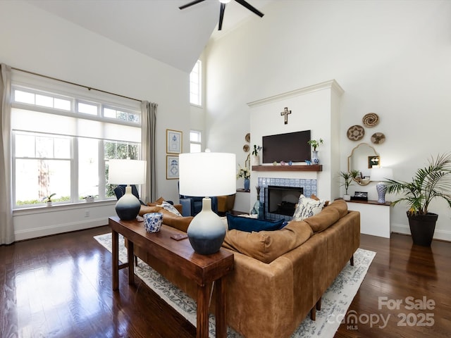 6301 Park Dr S, Charlotte, NC 28210 - living area featuring a fireplace, high vaulted ceiling, ceiling fan, baseboards, and wood finished floors