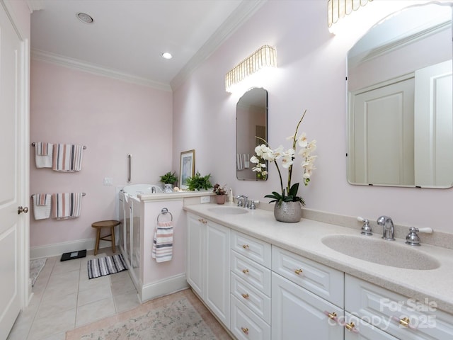 6301 Park Dr S, Charlotte, NC 28210 - full bathroom with crown molding, double vanity, tile patterned floors, a tub to relax in, and recessed lighting