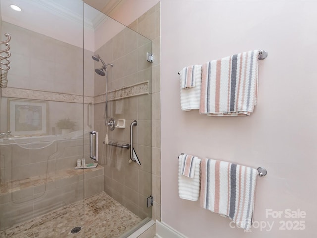 6301 Park Dr S, Charlotte, NC 28210 - full bath with a shower stall, crown molding, and baseboards