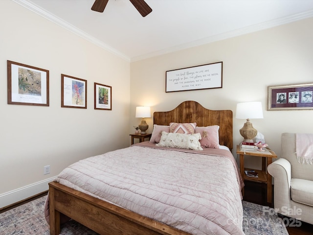 6301 Park Dr S, Charlotte, NC 28210 - bedroom featuring crown molding, wood finished floors, baseboards, and a ceiling fan