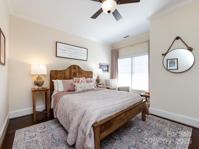 6301 Park Dr S, Charlotte, NC 28210 - bedroom featuring baseboards, crown molding, wood finished floors, and a ceiling fan