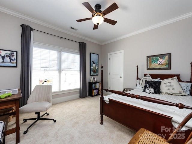6301 Park Dr S, Charlotte, NC 28210 - bedroom with ornamental molding, light colored carpet, and ceiling fan