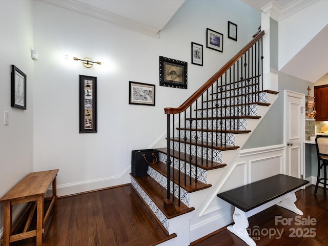 6301 Park Dr S, Charlotte, NC 28210 - staircase featuring wood finished floors, crown molding, and baseboards