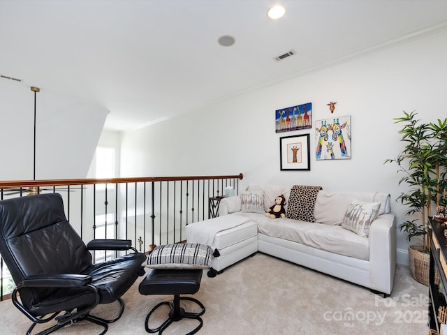 6301 Park Dr S, Charlotte, NC 28210 - carpeted living room featuring crown molding and recessed lighting