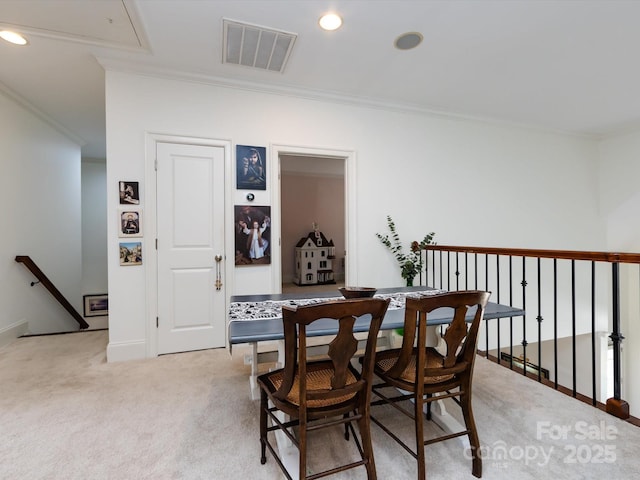 6301 Park Dr S, Charlotte, NC 28210 - dining area with ornamental molding, recessed lighting, light colored carpet, and baseboards