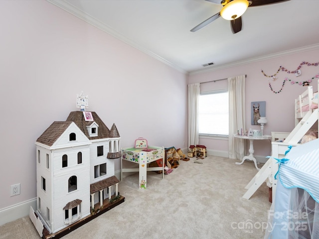 6301 Park Dr S, Charlotte, NC 28210 - playroom with ornamental molding, baseboards, a ceiling fan, and carpet floors