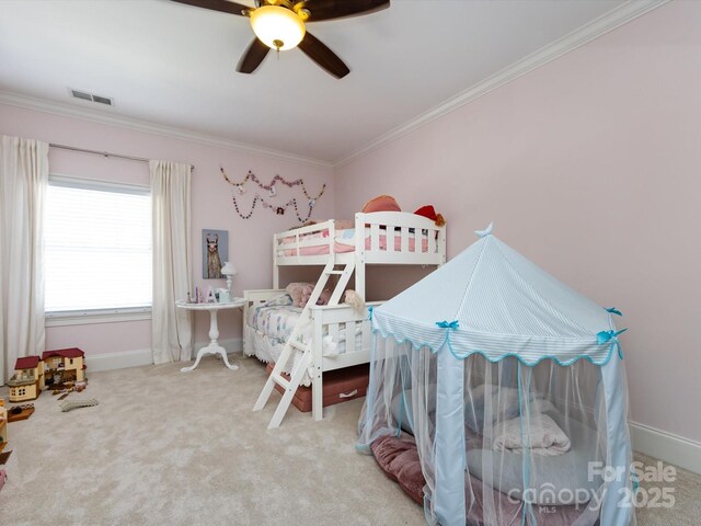 6301 Park Dr S, Charlotte, NC 28210 - carpeted bedroom with ornamental molding, baseboards, and a ceiling fan