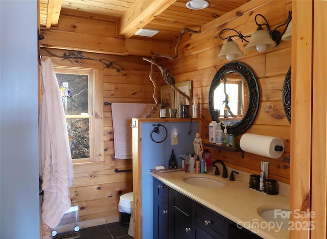 133 Saratoga Dr, Bostic, NC 28018 - bathroom with beam ceiling, a sink, wood walls, wooden ceiling, and double vanity