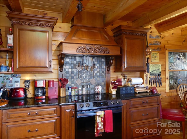 133 Saratoga Dr, Bostic, NC 28018 - kitchen with stainless steel electric range, custom range hood, wood ceiling, beamed ceiling, and backsplash