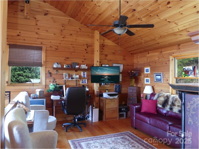 133 Saratoga Dr, Bostic, NC 28018 - office space with a ceiling fan, wood-type flooring, wood walls, lofted ceiling, and wood ceiling
