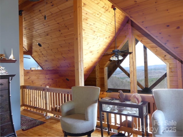 133 Saratoga Dr, Bostic, NC 28018 - living area with wooden ceiling, a ceiling fan, lofted ceiling, and wood finished floors