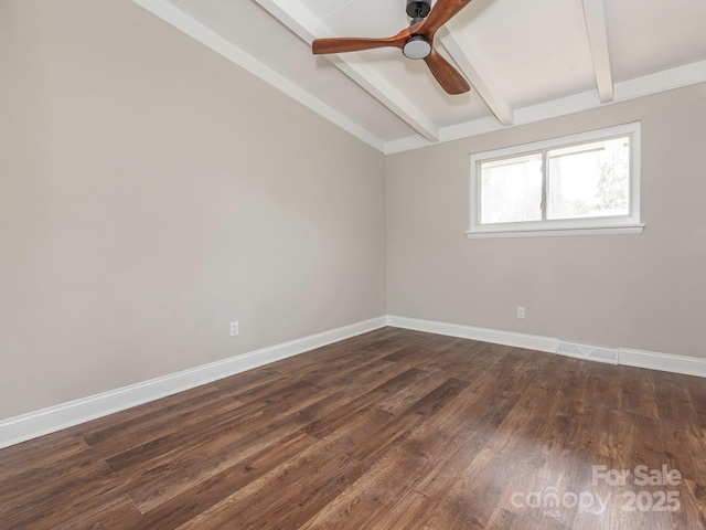 empty room featuring baseboards, visible vents, dark wood-type flooring, and lofted ceiling with beams
