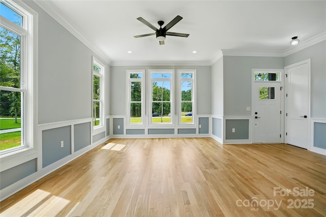 409 Henry Chapel Rd, Belmont, NC 28012 - empty room featuring wood finished floors, ornamental molding, ceiling fan, and recessed lighting