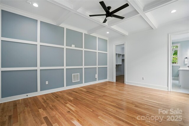 409 Henry Chapel Rd, Belmont, NC 28012 - unfurnished room with coffered ceiling, light wood-style floors, beamed ceiling, ceiling fan, and recessed lighting