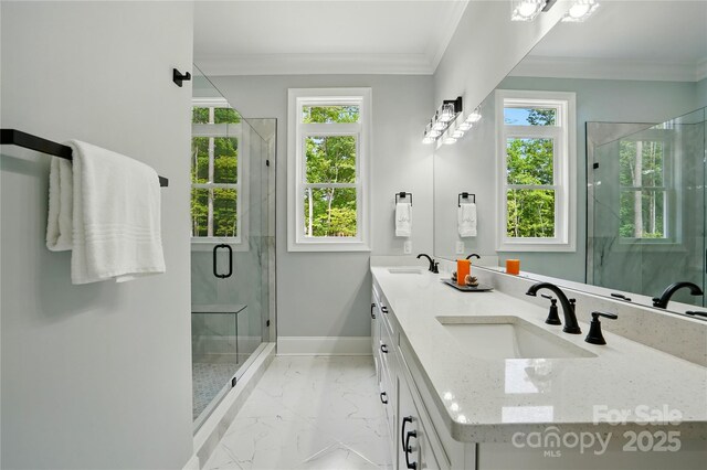 409 Henry Chapel Rd, Belmont, NC 28012 - bathroom with double vanity, a marble finish shower, marble look tile flooring, healthy amount of natural light, and crown molding
