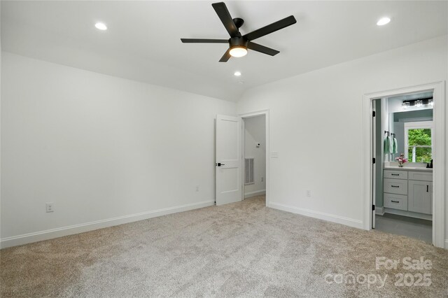 409 Henry Chapel Rd, Belmont, NC 28012 - unfurnished bedroom featuring carpet flooring, recessed lighting, connected bathroom, vaulted ceiling, and a ceiling fan