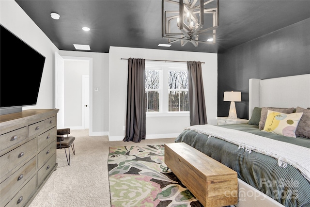 bedroom with light colored carpet, recessed lighting, baseboards, and a notable chandelier