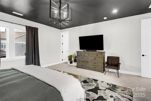 bedroom featuring baseboards, carpet flooring, a chandelier, and recessed lighting