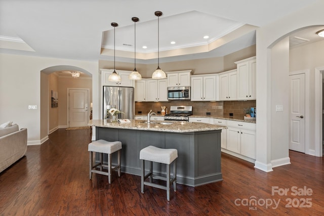 kitchen featuring a kitchen breakfast bar, dark wood finished floors, a raised ceiling, a sink, and appliances with stainless steel finishes