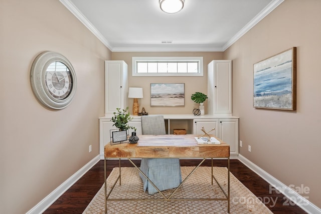 office space featuring dark wood-type flooring, baseboards, and visible vents
