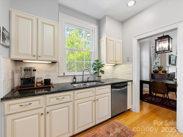 kitchen featuring stainless steel dishwasher, cream cabinetry, and a sink