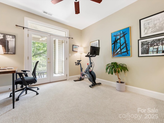 exercise room featuring visible vents, carpet, baseboards, ceiling fan, and french doors