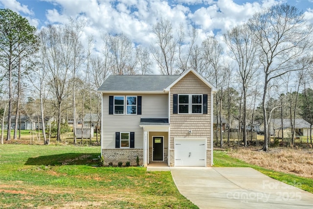 view of front of home featuring a front lawn, driveway, a garage, and brick siding