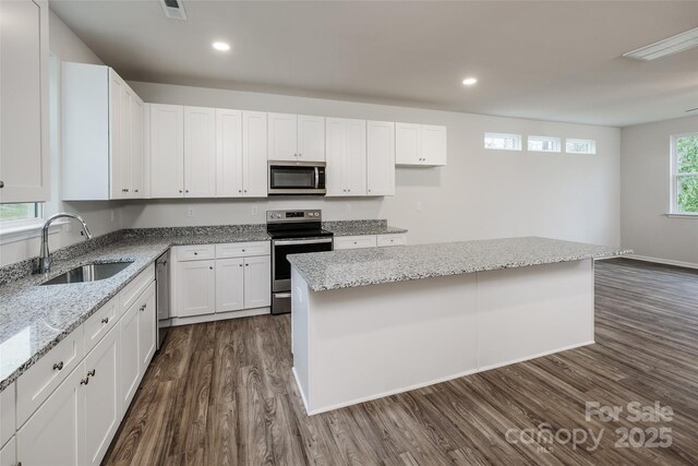 kitchen with dark wood-style floors, a sink, light stone counters, and appliances with stainless steel finishes