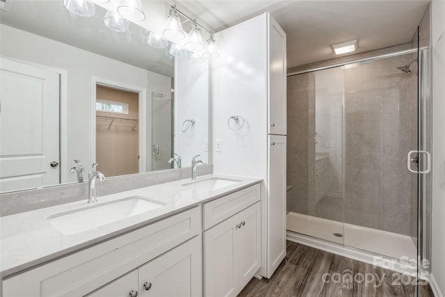 bathroom featuring a stall shower, double vanity, wood finished floors, and a sink