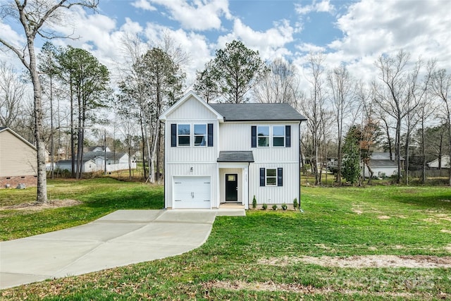 modern farmhouse style home featuring a front lawn, an attached garage, and concrete driveway